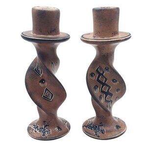 Vintage Hand-Painted Soapstone Candle Holders Southwestern African Folk Art